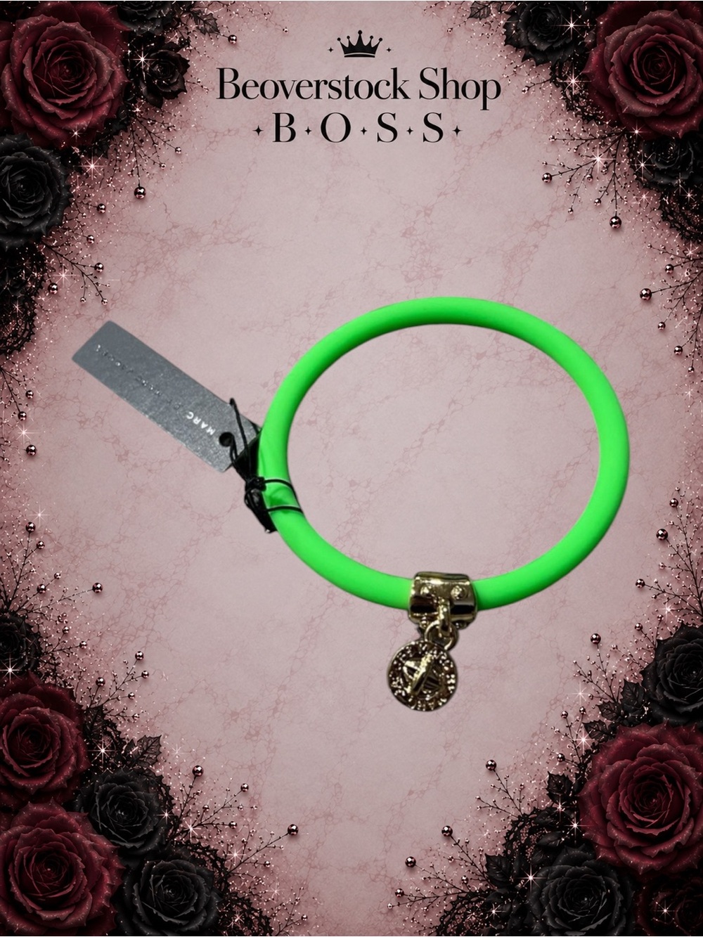 New NWT Marc by Marc Jacobs Toucan Green Rubber Bracelet with Gold Logo Charm